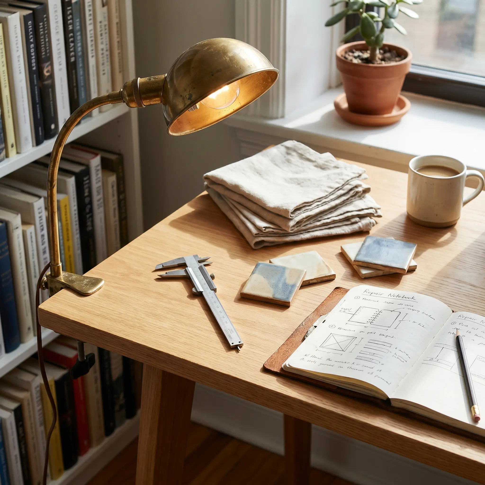 A compact Sebuo worktable with inspection tools, material samples, and daylight